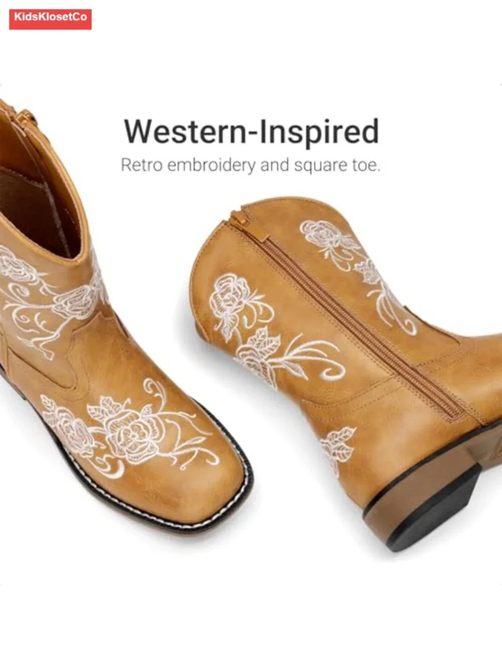 Girls Floral Embroidered Square Toe Mid Calf Cowboy Boots with Side Zipper